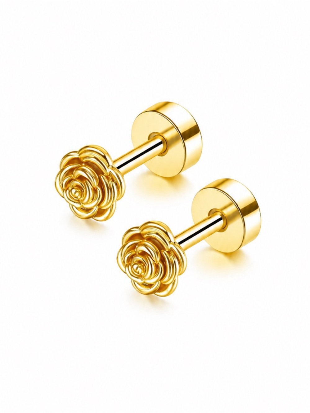 Gold Floral Rose Bud Flat Back Stud Earrings Cartilage Lobe